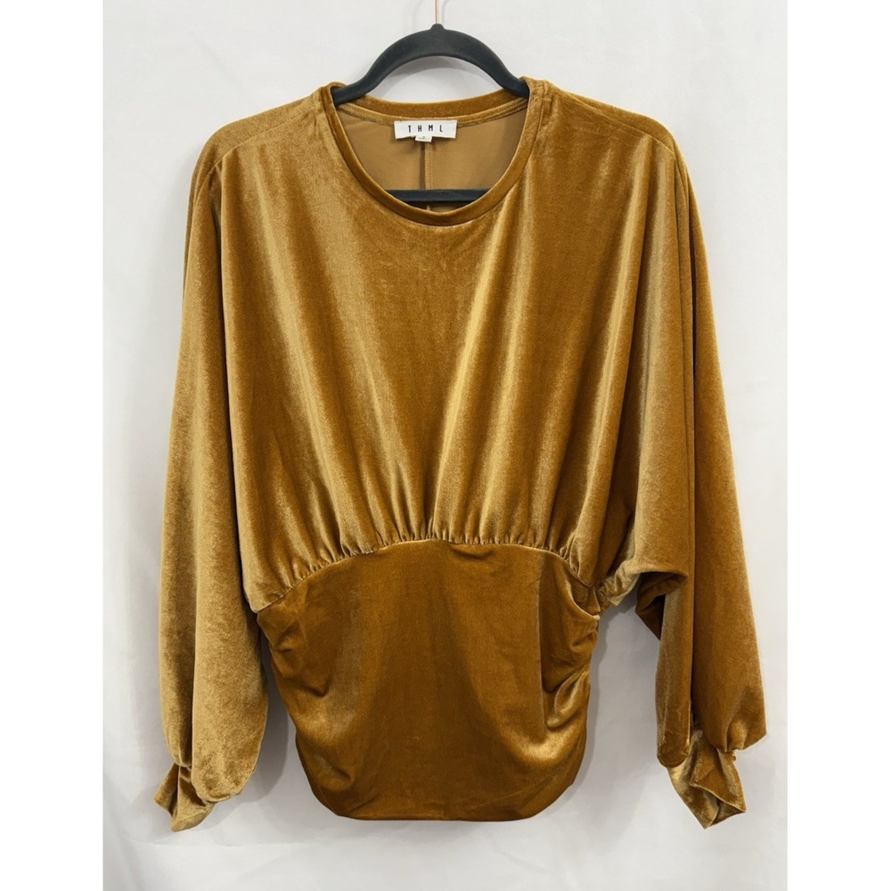 THML Gold Velour Dolman Sleeve Top Blouse Ruched‎ Waist Womens Size S